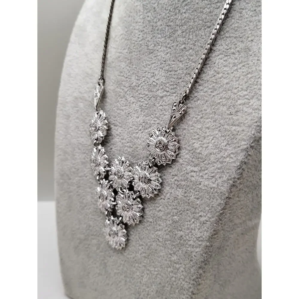 Vintage Floral Necklace Marked Sterling with Marcasite Accents 17 Inch - Picture 7 of 10